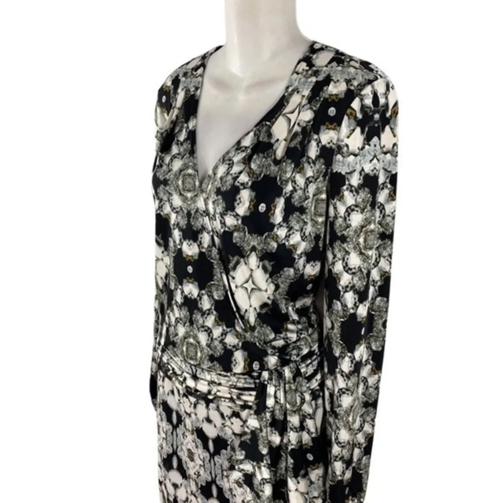 Cache black silver diamond kaleidoscope print surplice dress H19